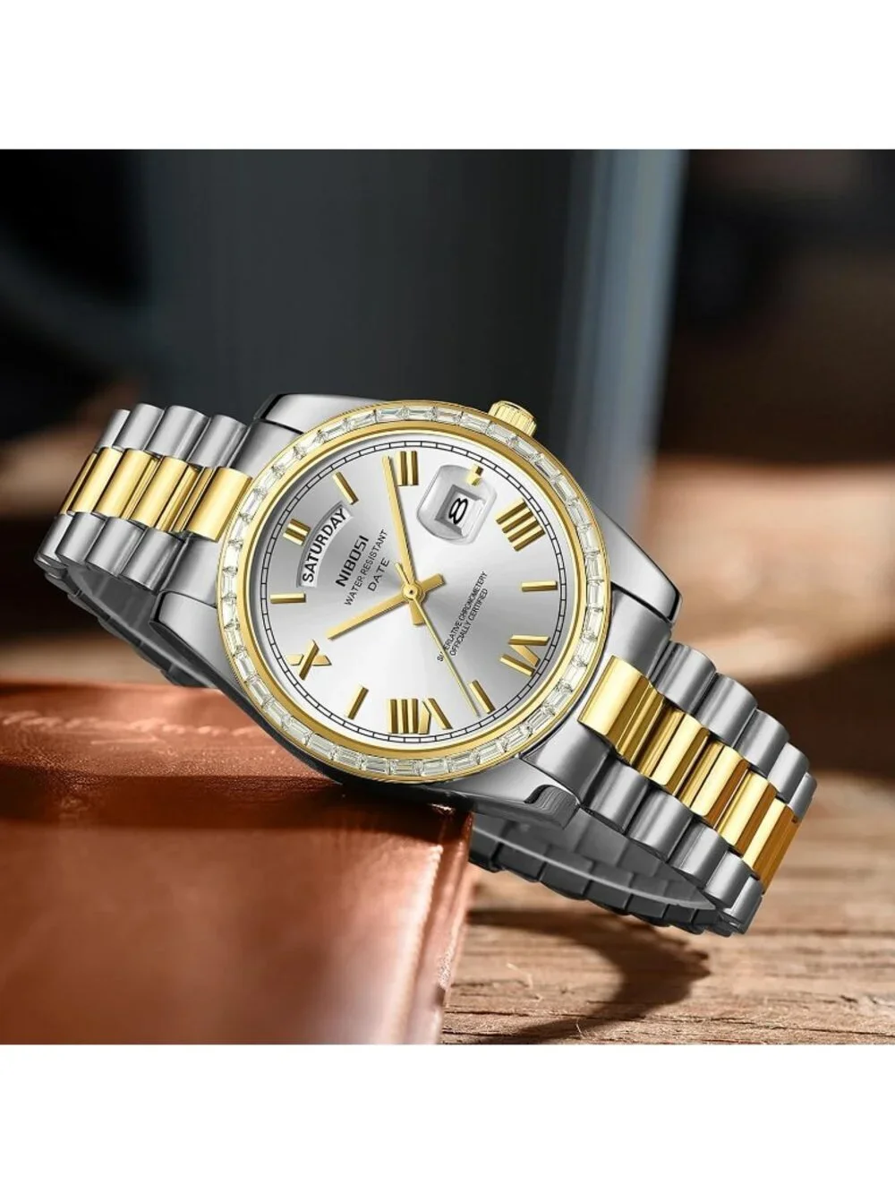 Nibosi Men's Silver Gold Analog Quartz Diamond Bezel Stainless Waterproof Watch